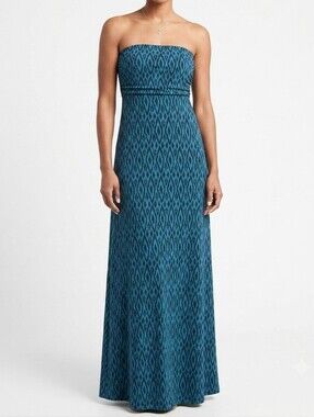 NWOT Banana Republic Size Large Blue Teal Ikat Strapless Tube Maxi Dress